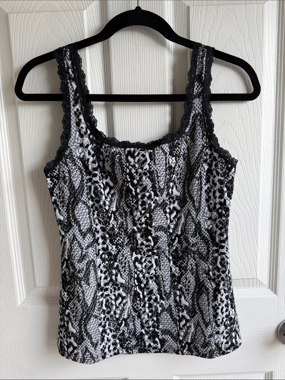 White House Black Market Black & White Lace-Trim Animal Print Camisole